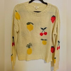 Kori America Yellow Crew Neck Sweater with Colorful Fruit Patterns